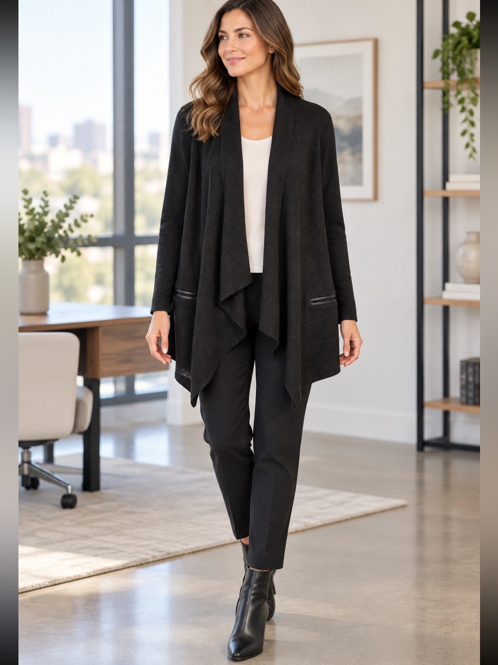 Eileen Fisher Black Merino Wool
Waterfall Cardigan Leather Trim M